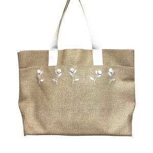 Dillard’s Y2K Tan Coated Fiber Tote Bag w/White Rose Embroidery Canvas Handles